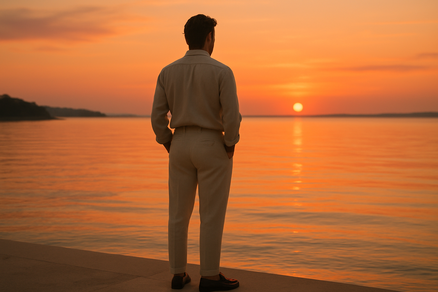Genare a picture with a man wearing old money linen style clothes who is looking at the sunset near the water. The angle of the picture should be behind the man pointing towards the water